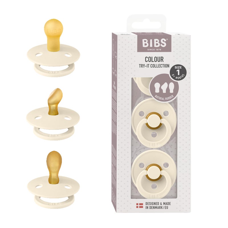 BIBS Pacifiers 0-6 Months | 3-Pack Soothers | BPA-Free Symmetrical Nipple | Made in Denmark | Ivory Try-It Collection (Ivory) - Image 1