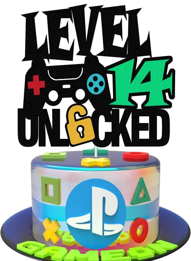 Yuezoloz Level Up 14th Birthday Cake Topper - Happy 14th, Double Sided for Video Game Themed Kids Bday Party Supplies - Image 1