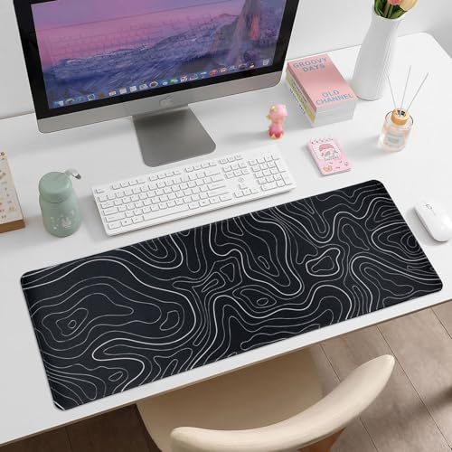 Renyqatt Gaming Mouse Pad Large 31.5 x 11.8in Topographic Keyboard Mousepad for Non-Slip Base and Stitched Edge, Extended Desk Pad XL Desk Mat (Black) - Image 2