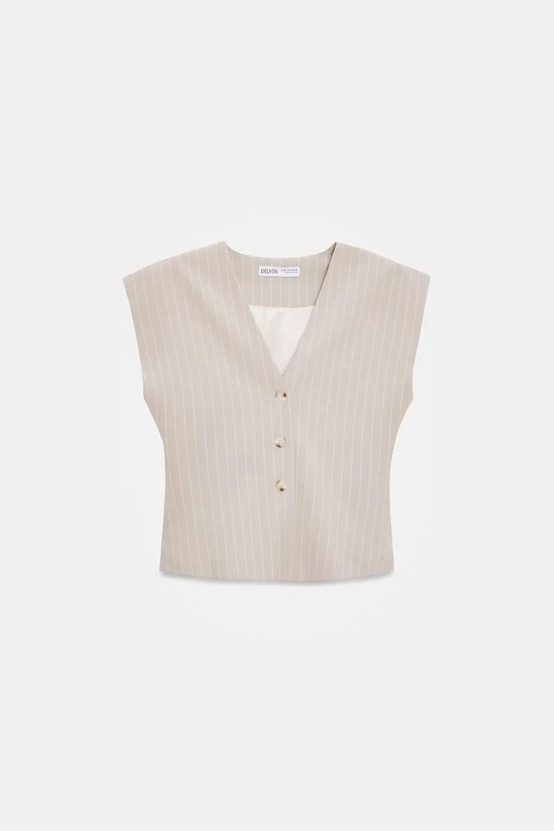 Dilvin Beige Natural DILVIN Striped V-neck Woven Waistcoat for Women | Best Price UAE