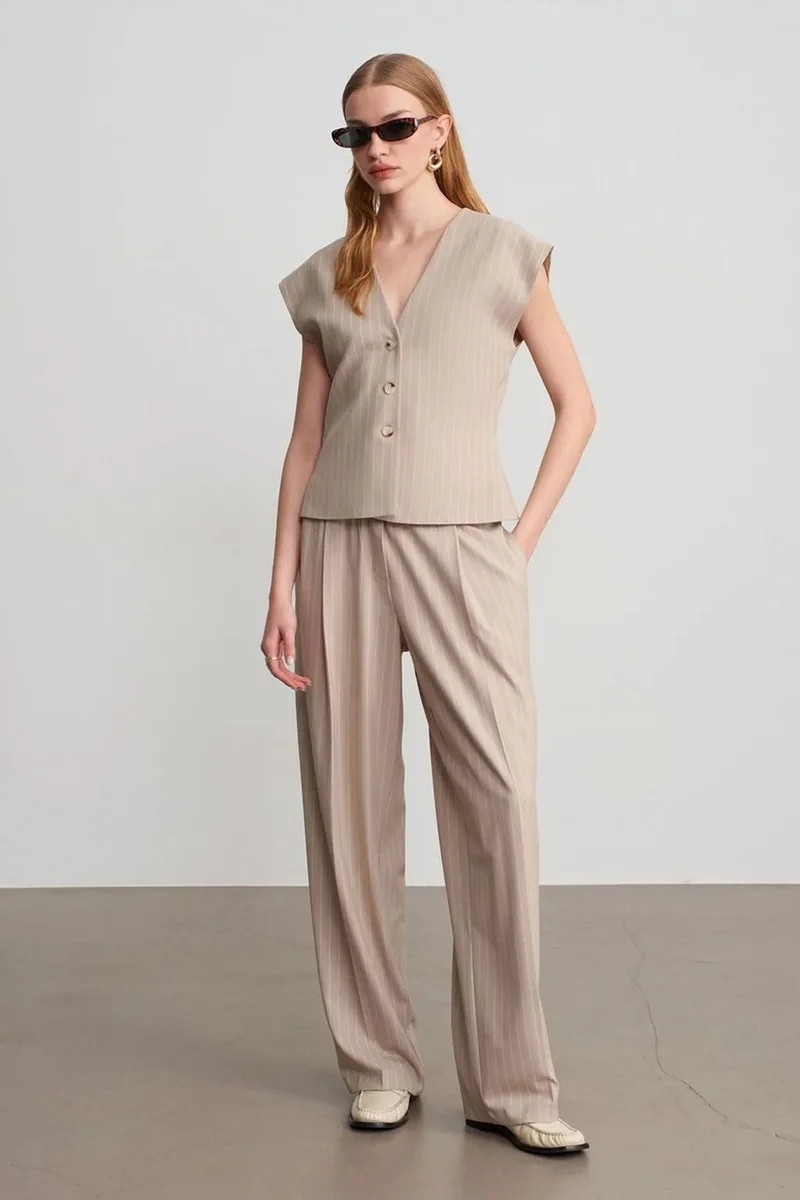 Dilvin Beige Natural DILVIN Striped V-neck Woven Waistcoat for Women | Best Price UAE