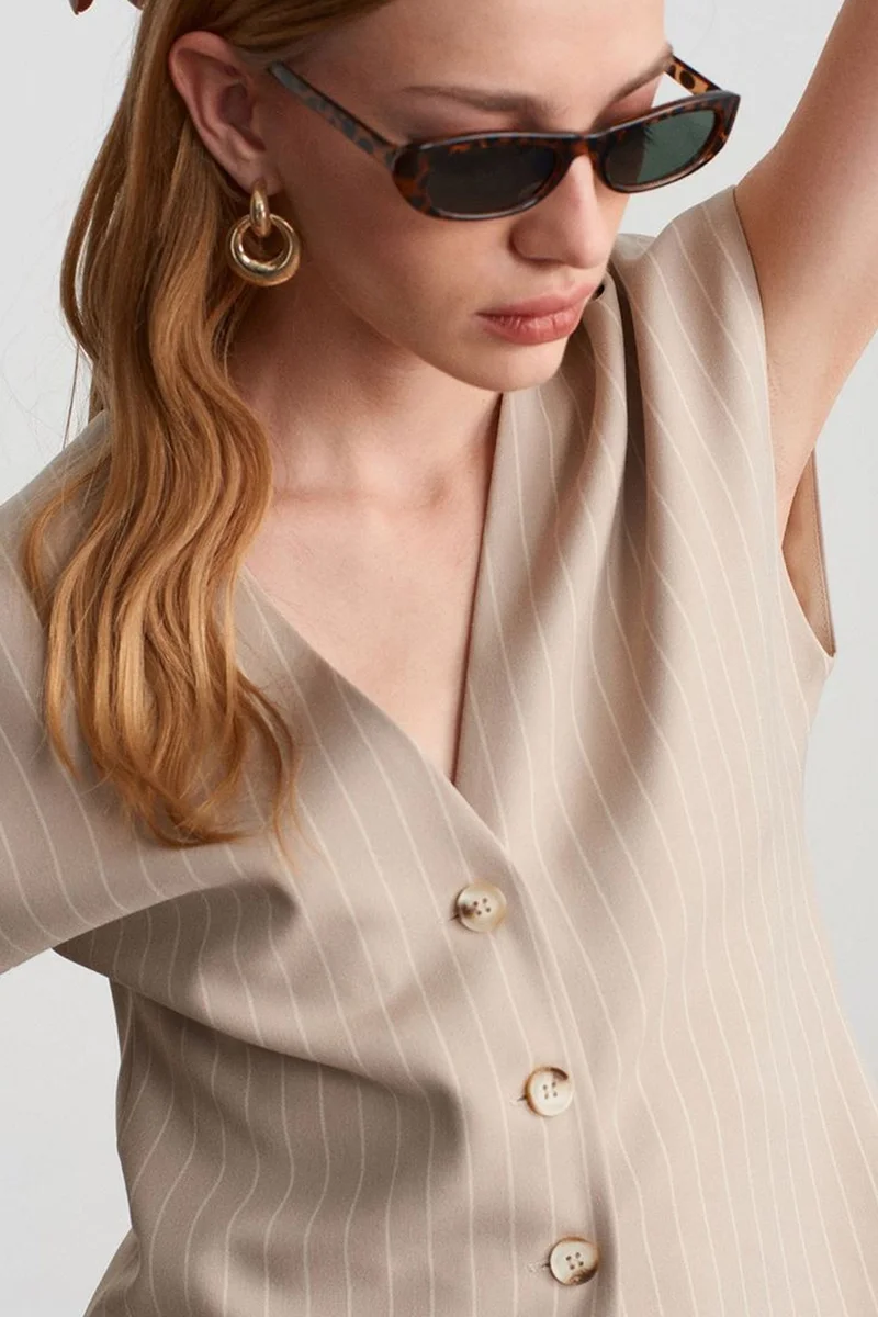 Dilvin Beige Natural DILVIN Striped V-neck Woven Waistcoat for Women | Best Price UAE