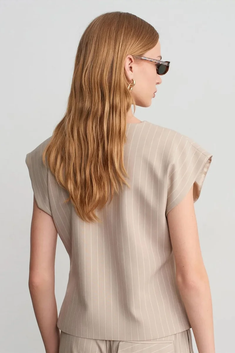 Dilvin Beige Natural DILVIN Striped V-neck Woven Waistcoat for Women | Best Price UAE