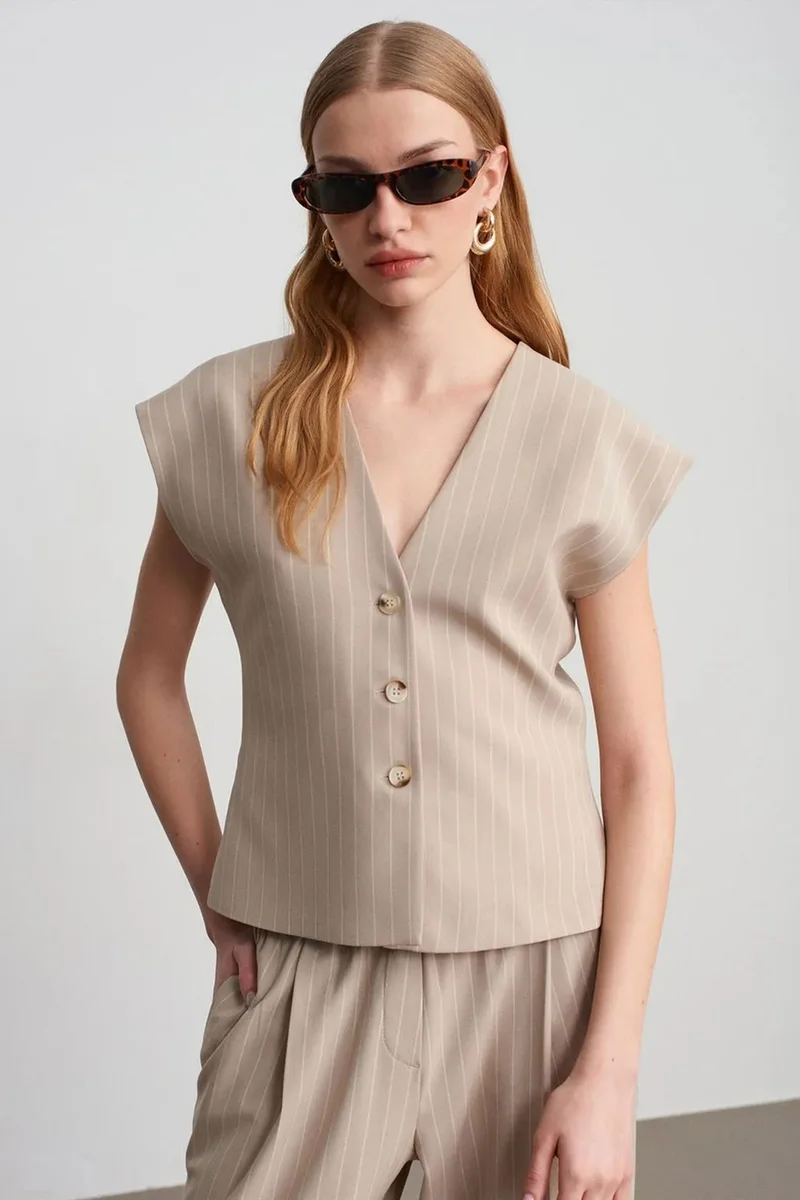 Dilvin Beige Natural DILVIN Striped V-neck Woven Waistcoat for Women | Best Price UAE