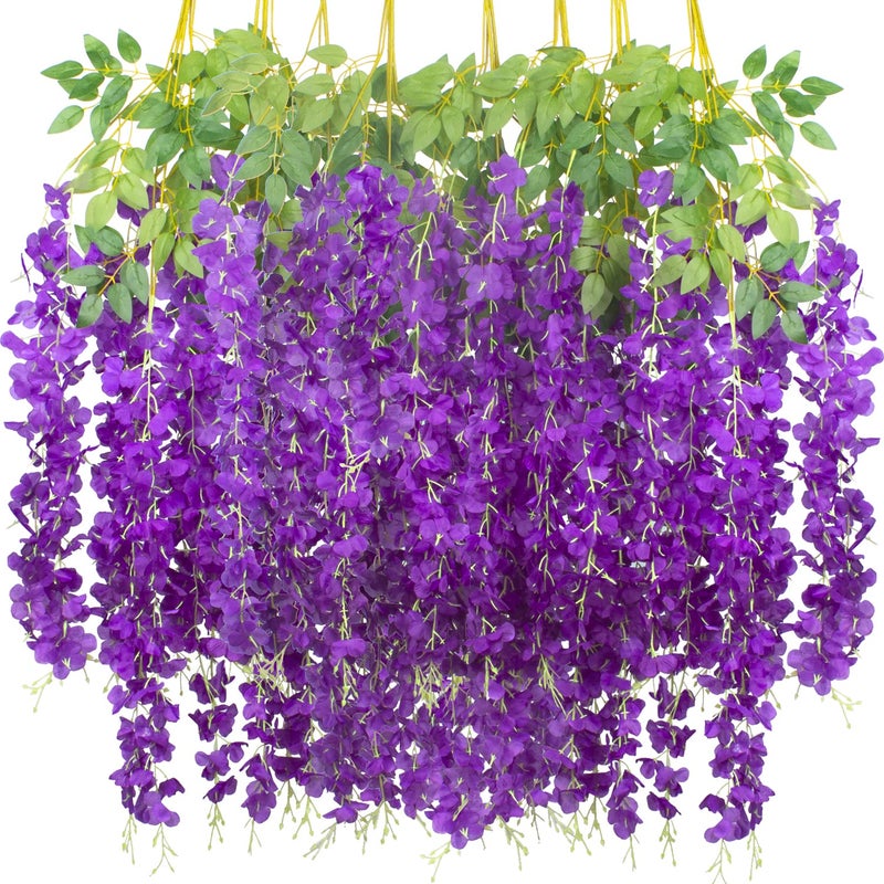 AITISOR 12 Pack Artificial Flowers Silk Wisteria Vine Ratta Hanging Flower Purple