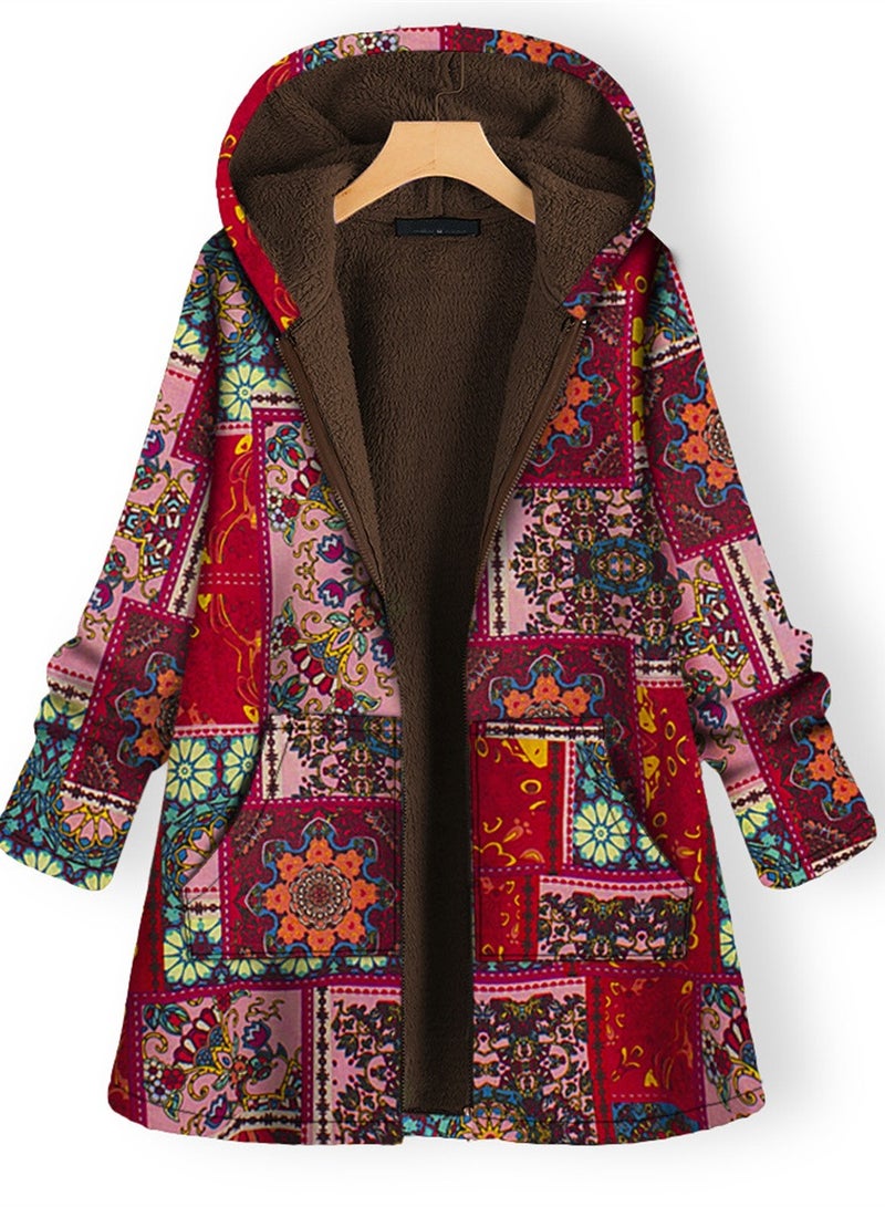Loquat Autumn And Winter Thick Printed Women's Hooded Slim-Fit Long Warm Coat Red  - Image 1