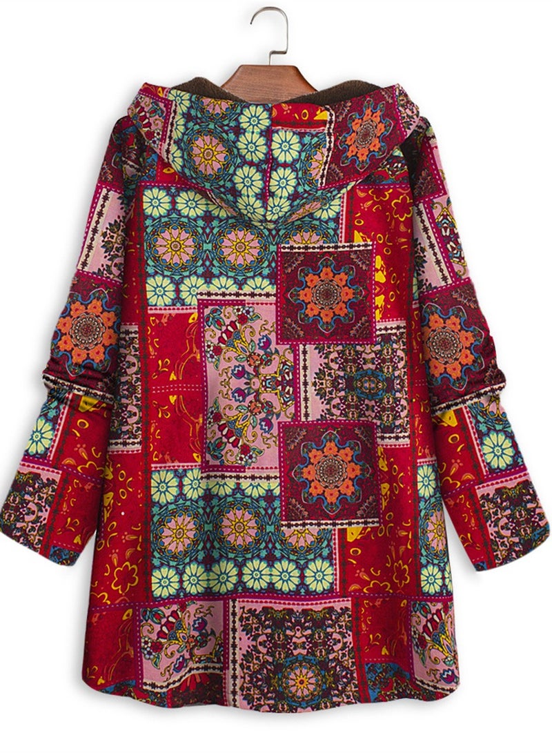 Loquat Autumn And Winter Thick Printed Women's Hooded Slim-Fit Long Warm Coat Red  - Image 2