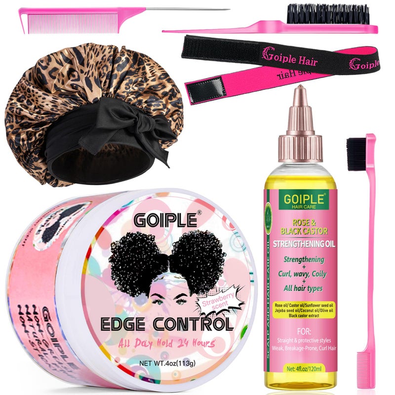 Goiple Edge Control Wax for Women Strong Hold - Edge Smoother Edge Wax Styling Gel Edge Control Wax for Black Hair - Rose & Castor Hair Oil for Hair Growth Strengthening Hair Oil Briad Bonnet Brush Set - Image 1