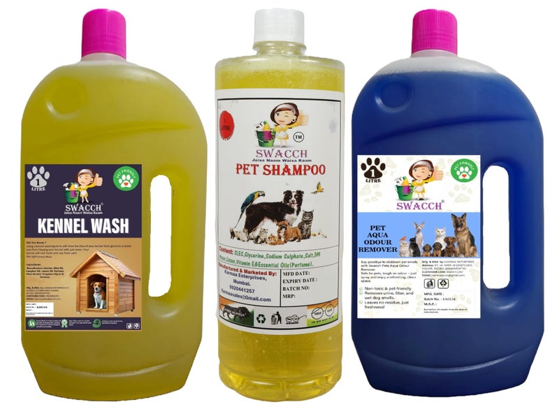 swacch Kennel Wash (Lemon) + Pet Shampoo (Lemon) I Pet Aqua Odour Remover (Lavender) 1 Litre Combo Pack of 3 Economical Pack I Dog and Cat Friendly - Image 1