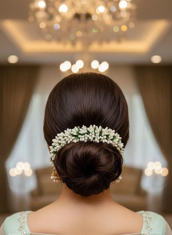 Twinsho Artificial White Jasmine Flower Hair Gajra, Hair Accessory with Green Leaves, Bridal Hair Accessories, Wedding Hair Gajra For Women - Image 1