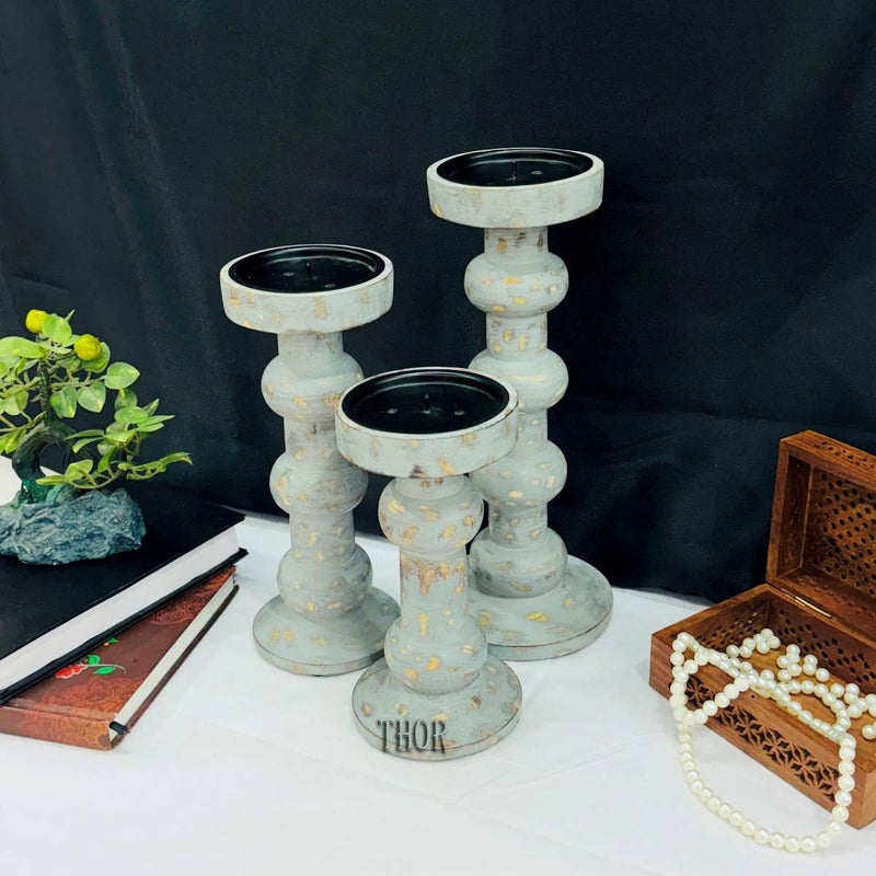 THOR INSTRUMENTS Wooden Candle Holders for Pillar Candles - Tall Rustic Candle Holder (Set of 3), Large Farmhouse - Image 1