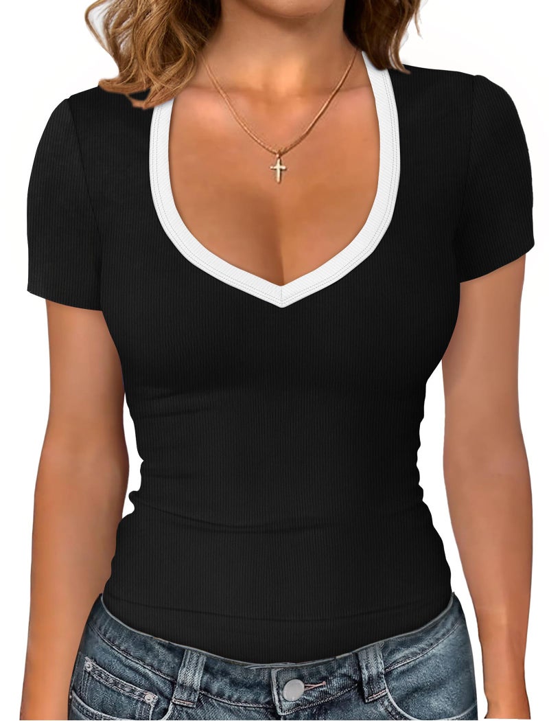 Sampeel Tshirts Shirts for Women V Neck Blck T Shirts Trendy Basic Tees 2026 Compression Shirts Fashion Clothing Spring Tops Business Casual L - Image 1
