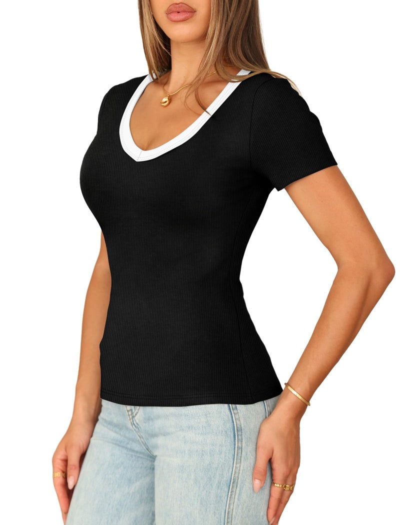 Sampeel Tshirts Shirts for Women V Neck Blck T Shirts Trendy Basic Tees 2026 Compression Shirts Fashion Clothing Spring Tops Business Casual L - Image 3