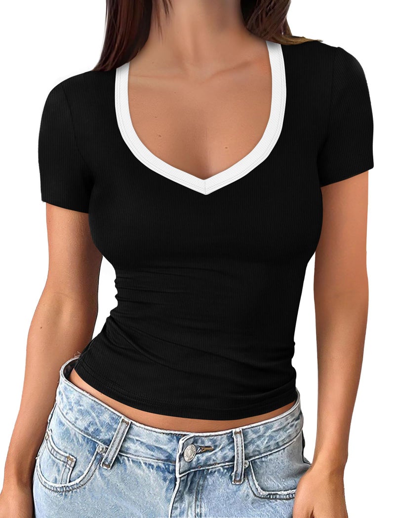 Sampeel Tshirts Shirts for Women V Neck Blck T Shirts Trendy Basic Tees 2026 Compression Shirts Fashion Clothing Spring Tops Business Casual L - Image 2