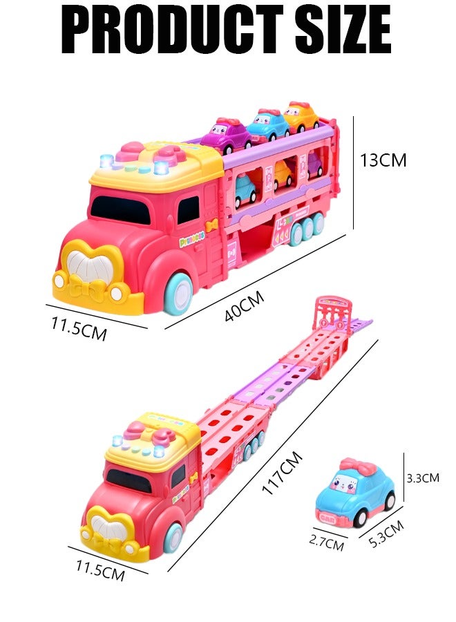 أيكين ألعاب شاحنة نقل الأميرة، مسار سباق مزدوج وسيارة طرد، شاحنة كبيرة قابلة للطي لتخزين السيارات المصنوعة من سبائك السباق وشاحنة نقل بالقصور الذاتي، 6 سيارات معدنية ومجموعة نقل تخزين قابلة للطي، لعبة سيارة للأطفال الصغار هدية للبنات - Image 2