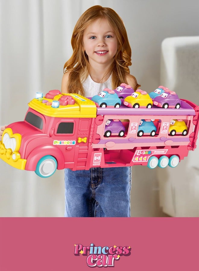 أيكين ألعاب شاحنة نقل الأميرة، مسار سباق مزدوج وسيارة طرد، شاحنة كبيرة قابلة للطي لتخزين السيارات المصنوعة من سبائك السباق وشاحنة نقل بالقصور الذاتي، 6 سيارات معدنية ومجموعة نقل تخزين قابلة للطي، لعبة سيارة للأطفال الصغار هدية للبنات - Image 3