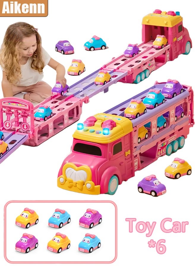 أيكين ألعاب شاحنة نقل الأميرة، مسار سباق مزدوج وسيارة طرد، شاحنة كبيرة قابلة للطي لتخزين السيارات المصنوعة من سبائك السباق وشاحنة نقل بالقصور الذاتي، 6 سيارات معدنية ومجموعة نقل تخزين قابلة للطي، لعبة سيارة للأطفال الصغار هدية للبنات - Image 1