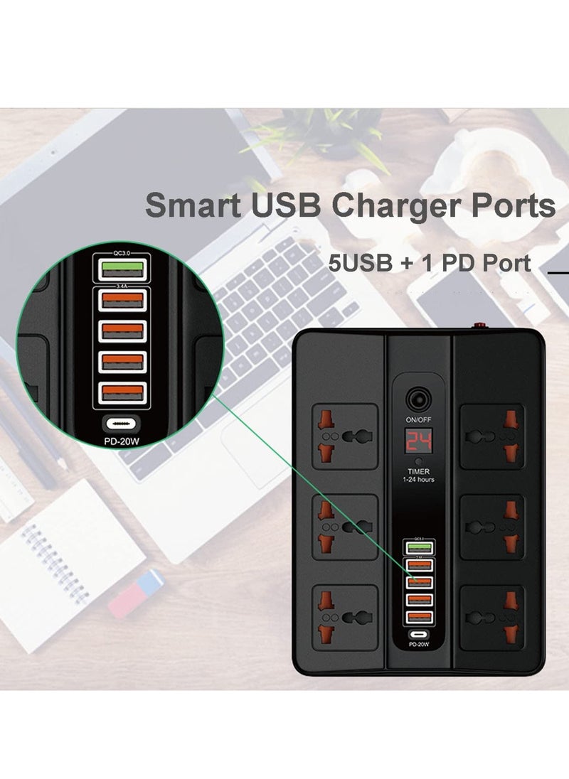 TYCOM - Power Strip Surge Protector with USB Extension Cord Flat Plug with Widely 6 AC Outlet and 5 USB 1 PD LED Small Desktop Station with 6 feet Power Cord Compact Socket. - Image 1