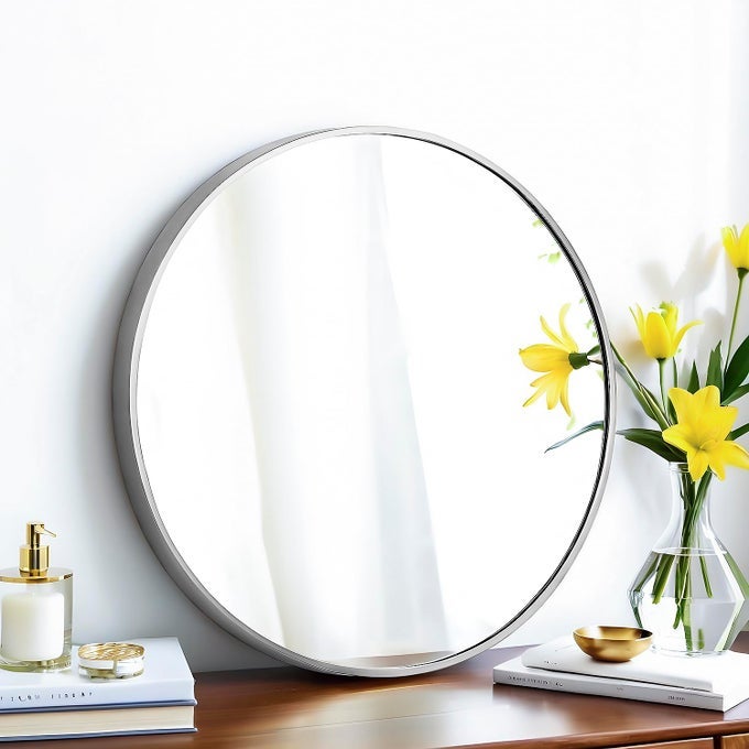 SCWFGZ 20 ROUND MIRROR CIRCLE WALL MOUNTED HANGING OR AGAINST WALL METAL FRAME DRESSING MAKEUP MIRRORS FOR ENTRYWAY BEDROOM BATHROOM LIVING ROOM 20 INCH SILVER