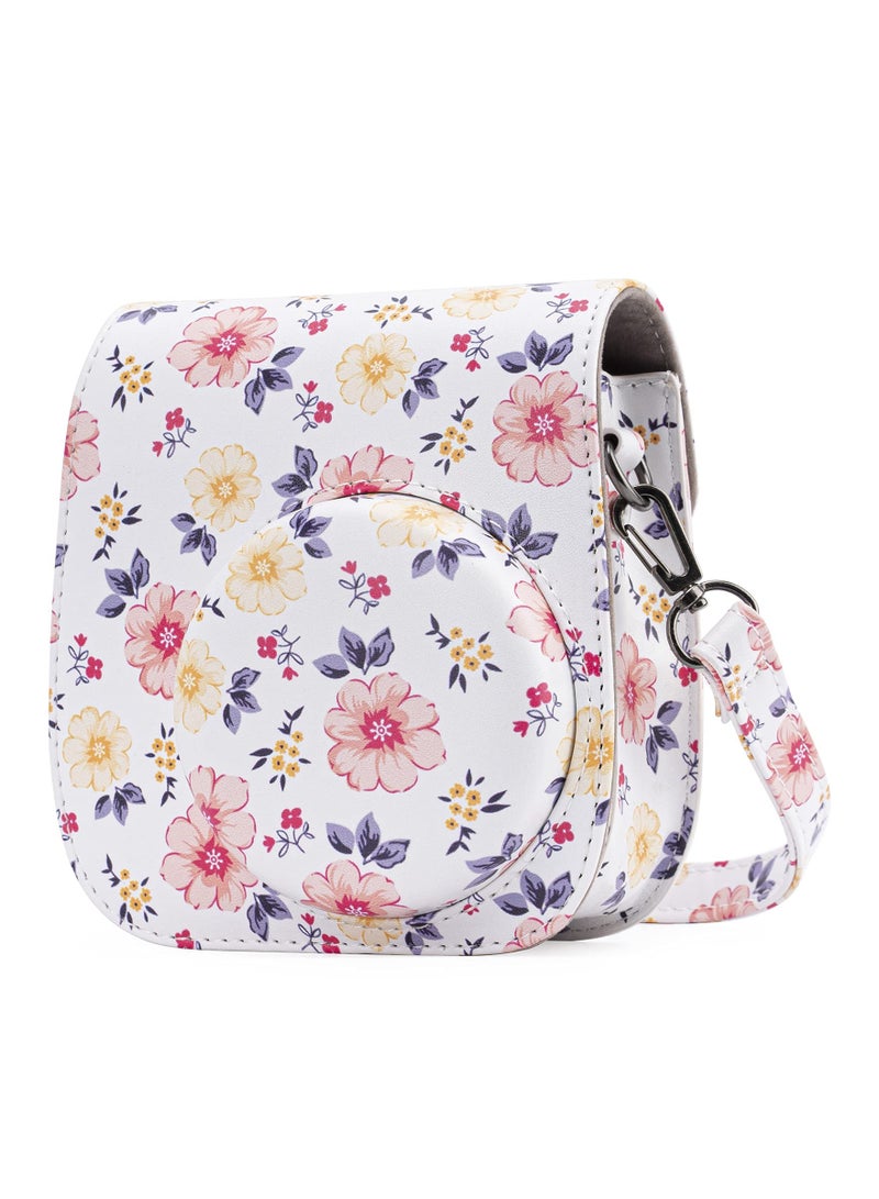 Protective and Portable Case for Fujifilm Instax Mini 11/9/8/8+ Instant Film Camera, Featuring Accessory Pocket and Adjustable Strap (Floral White Design) - Image 1