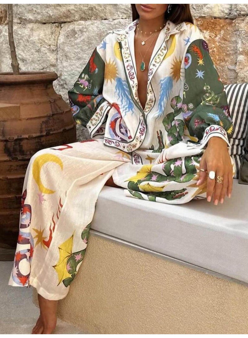SCACTO Beauty Unique Print Long Sleeve Shirt And Elastic Waist Pants Set 