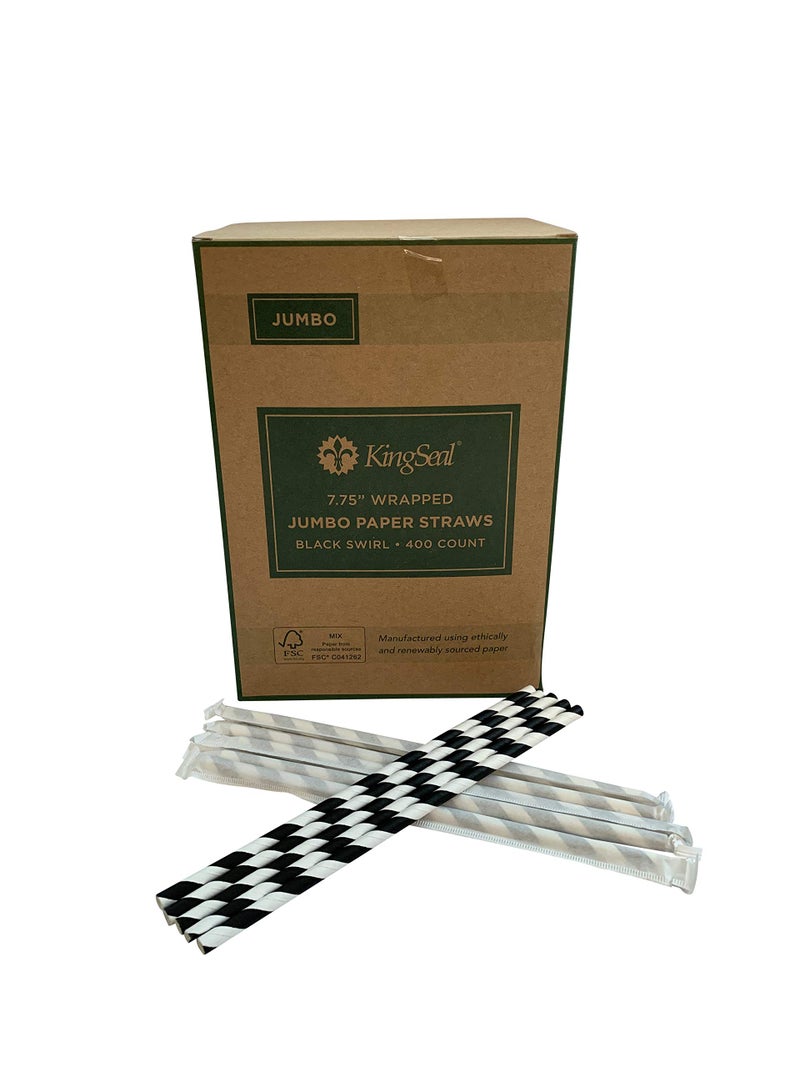 KingSeal 400 Count  Kingseal FSC Certified Disposable Paper Drinking Straws Paper Wrapped 775 Length x 6mm Diameter Black Swirl Stripe Biodegradable Earth Friendly Bulk Pack  400 Straws per Box 