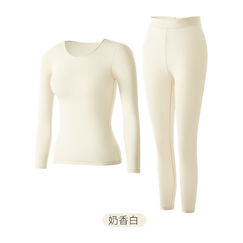 Explosions Beautiful Autumn Skin Winter Clothes High Elastic Abdominal Moisturizing Moisturizing Ultra-thin Base Thermal Underwear Top suit Women Milk white (set) 