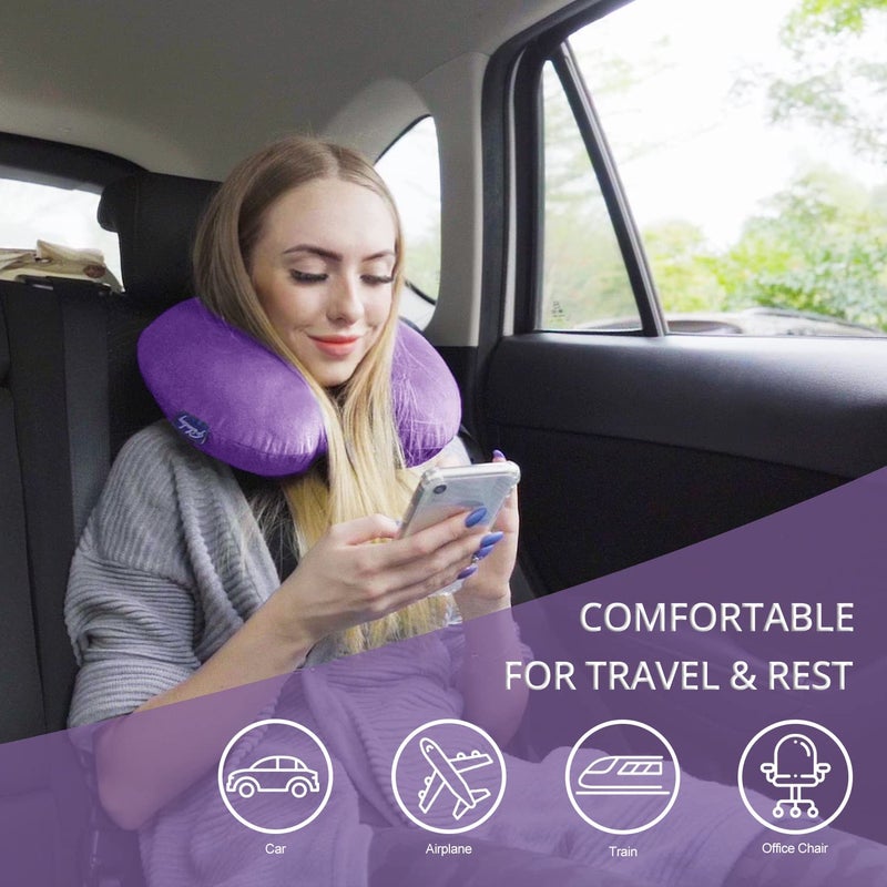 Fabuday Neck Pillow for Travel Memory Foam - Airplane Pillows for Sleeping with Attachable Snap Strap Soft Washable Cover, Flight Pillow for Traveling, Car, Home, Provide Head Neck Support Rest Purple - Image 3