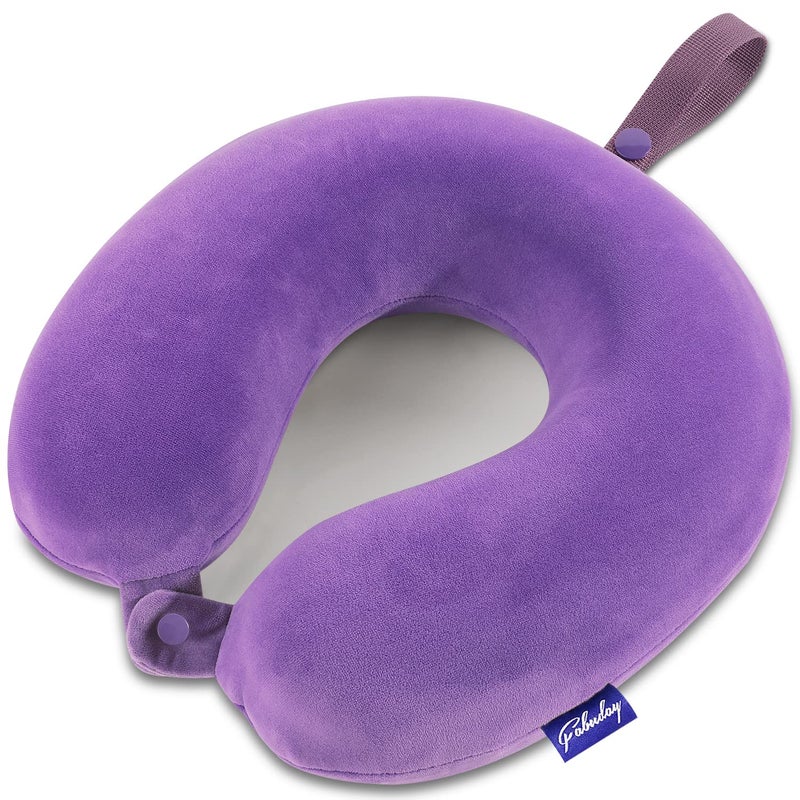 Fabuday Neck Pillow for Travel Memory Foam - Airplane Pillows for Sleeping with Attachable Snap Strap Soft Washable Cover, Flight Pillow for Traveling, Car, Home, Provide Head Neck Support Rest Purple - Image 1