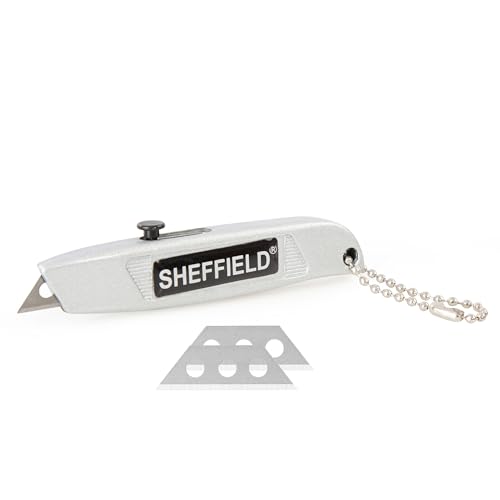 Sheffield 12245 Mini Retractable Utility Knife, General Purpose Box Cutter, Retractable Box Cutter for Cardboard, Drywall, Carpet, with Comfort Grip, 3-Position Blade Lock, Extra Blade Storage - Image 1