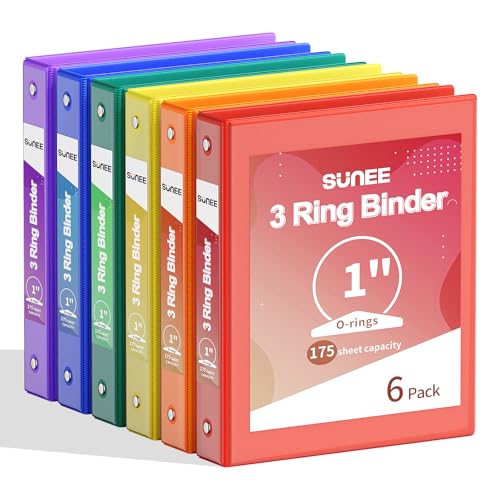 SUNEE 1 Inch Binders 3 Ring 6 Pack, Clear View Three Ring Binders PVC-Free (Fit 8.5x11 Inches) for School Binder or Office Binder Supplies, Classic 6 Colors - Image 1
