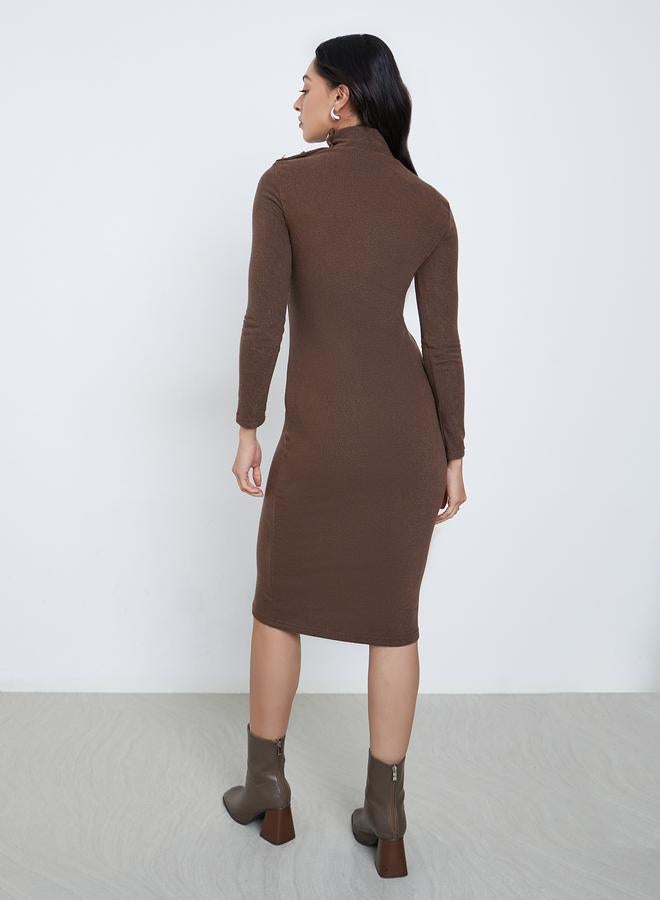 Styli Brown Bodycon Midi Dress with Button Detail - Image 5