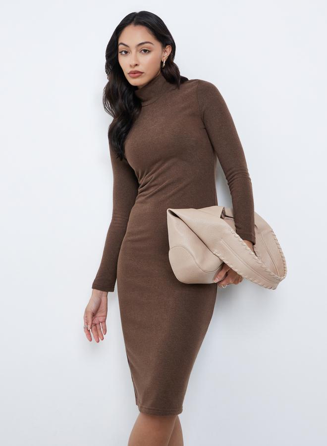 Styli Brown Bodycon Midi Dress with Button Detail - Image 1