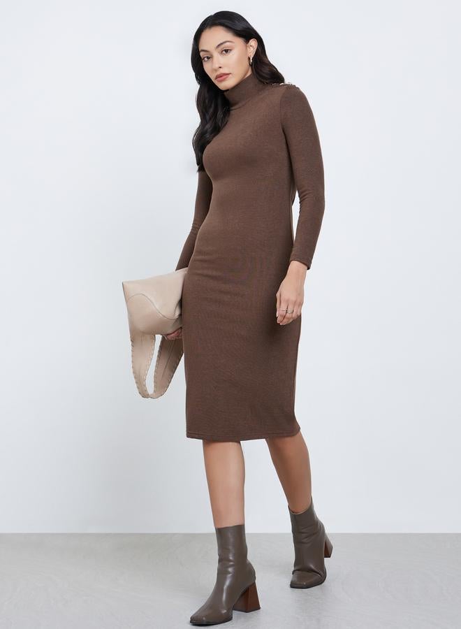 Styli Brown Bodycon Midi Dress with Button Detail - Image 2