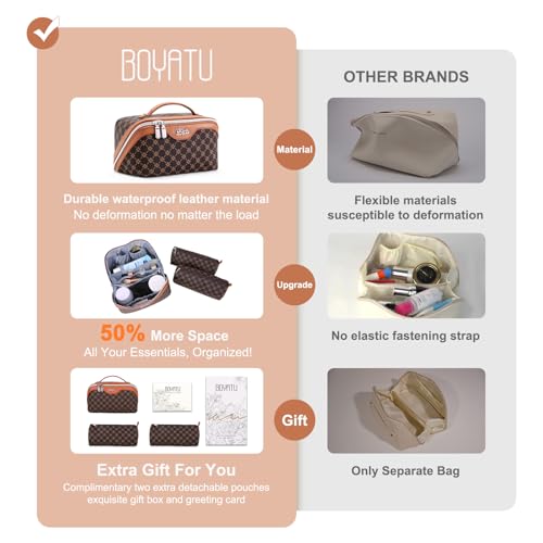 BOYATU Travel Makeup Bag Cosmetic Bags for Women: 3 Pcs Set Large Portable Make up Bag with Handle - Vegan Leather Toiletry Bags with Compartments - Makeup Organizer for Travel Essentials(A-1-Coffee) - Image 3