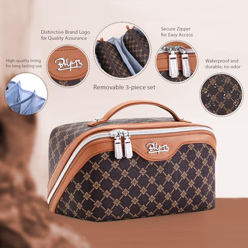 BOYATU Travel Makeup Bag Cosmetic Bags for Women: 3 Pcs Set Large Portable Make up Bag with Handle - Vegan Leather Toiletry Bags with Compartments - Makeup Organizer for Travel Essentials(A-1-Coffee) - Image 2