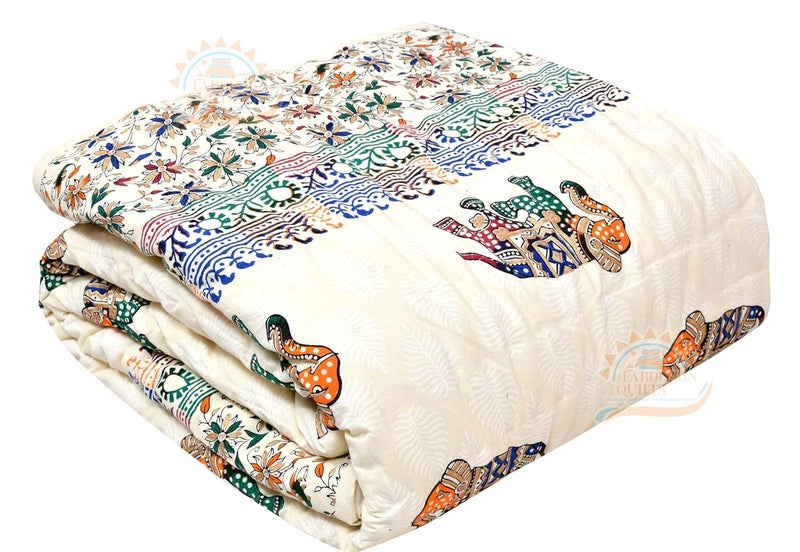 LOARSHY لحاف مزدوج من قطن مطبوع بفيلة يدوي من لوارشاي هوب شوب جايفوري متعدد الألوان بحجم كينغ - Image 3