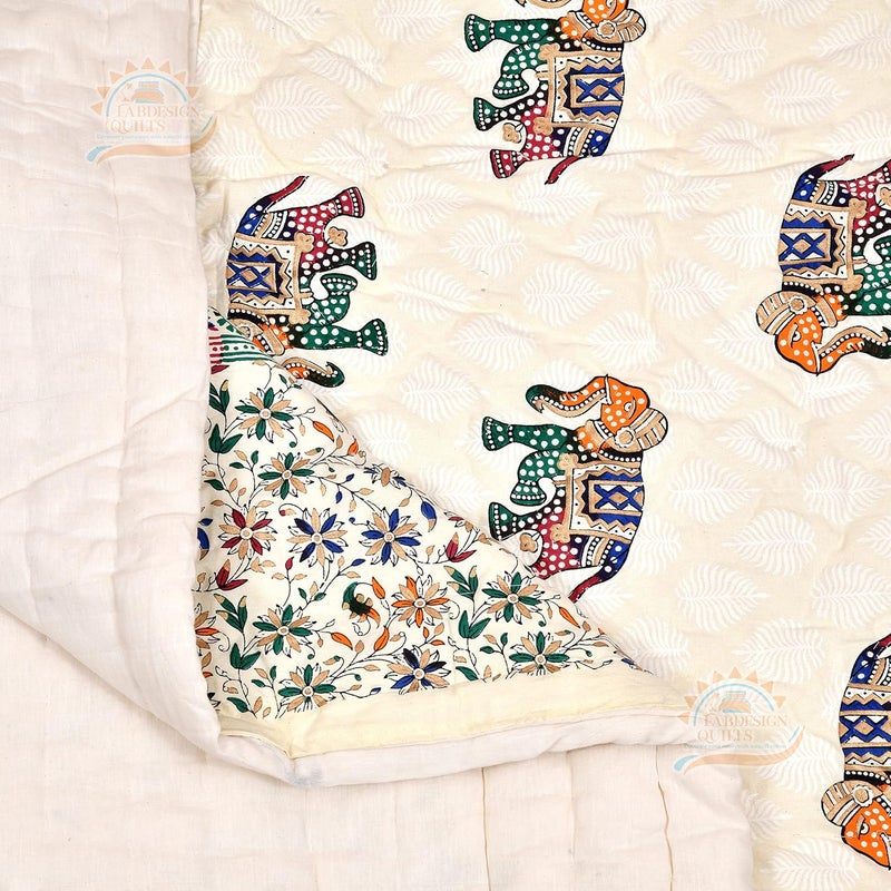 LOARSHY لحاف مزدوج من قطن مطبوع بفيلة يدوي من لوارشاي هوب شوب جايفوري متعدد الألوان بحجم كينغ - Image 1
