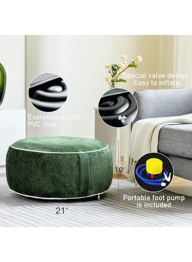 Inflatable Pouf Ottoman, 21x10 Inches Stuffed Chenille Ottoman with Inflatable PVC Liner, Foot Rest with Portable Handle, Round Floor Pillow for Living Room, Bedroom, Kids Room , green - Image 3