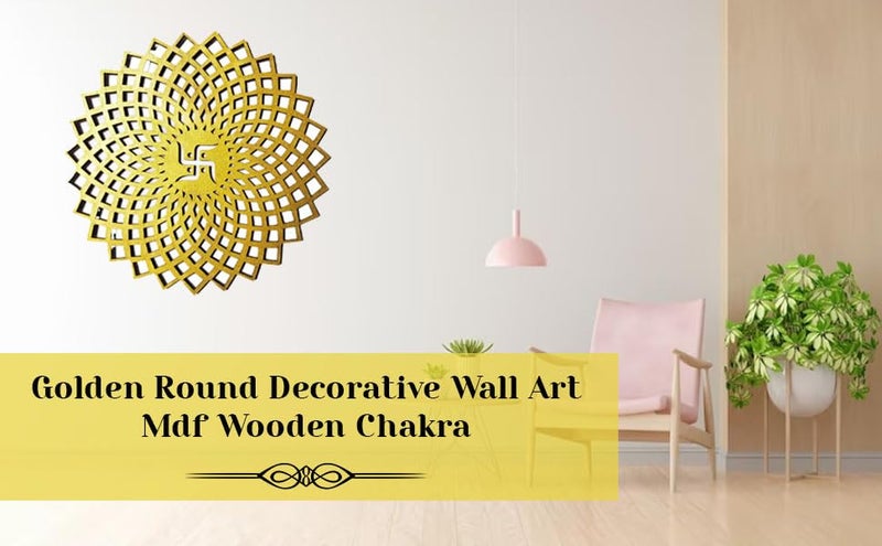 My Dream Carts Golden Round Decorative Wall Art Mdf Wooden Swastika Chakra For Temple, Living Room, Office, Hotel, Home Decor Items, Gift Item, Mandala Wall Hanging For House Decoration 20x20cm - Image 2