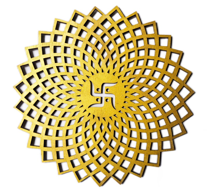 My Dream Carts Golden Round Decorative Wall Art Mdf Wooden Swastika Chakra For Temple, Living Room, Office, Hotel, Home Decor Items, Gift Item, Mandala Wall Hanging For House Decoration 20x20cm - Image 4