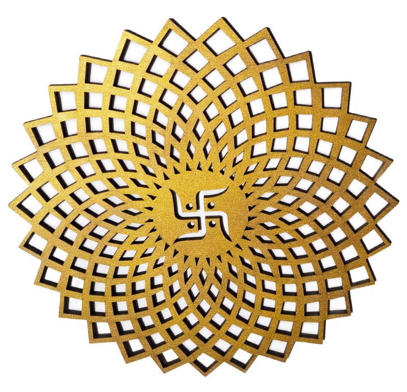 My Dream Carts Golden Round Decorative Wall Art Mdf Wooden Swastika Chakra For Temple, Living Room, Office, Hotel, Home Decor Items, Gift Item, Mandala Wall Hanging For House Decoration 20x20cm - Image 5
