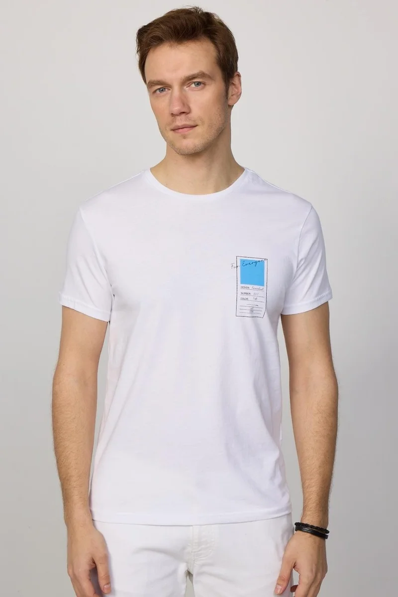 Tudors Men's Slim Fit Narrow Cut Cotton Soft Textured Printed White Crew Neck T-Shirt