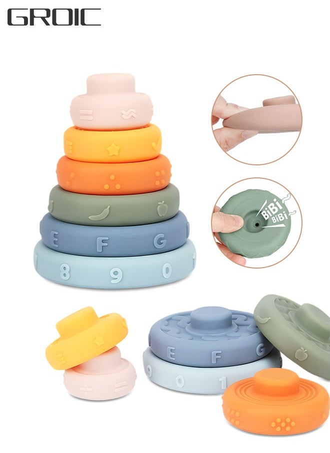 GROIC Stacking and Nesting Ring Toys, Soft Round Stacker, 6 pcs Building Stacker, Baby Teeth Circle Stacker, Soft Construction Ring Toys, Soft Silicone Squeeze Teeth Toy Set, Early Learning Learning Toys  - Image 1