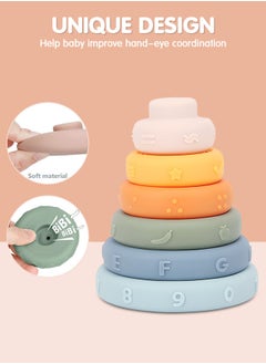 GROIC Stacking and Nesting Ring Toys, Soft Round Stacker, 6 pcs Building Stacker, Baby Teeth Circle Stacker, Soft Construction Ring Toys, Soft Silicone Squeeze Teeth Toy Set, Early Learning Learning Toys  - Image 2