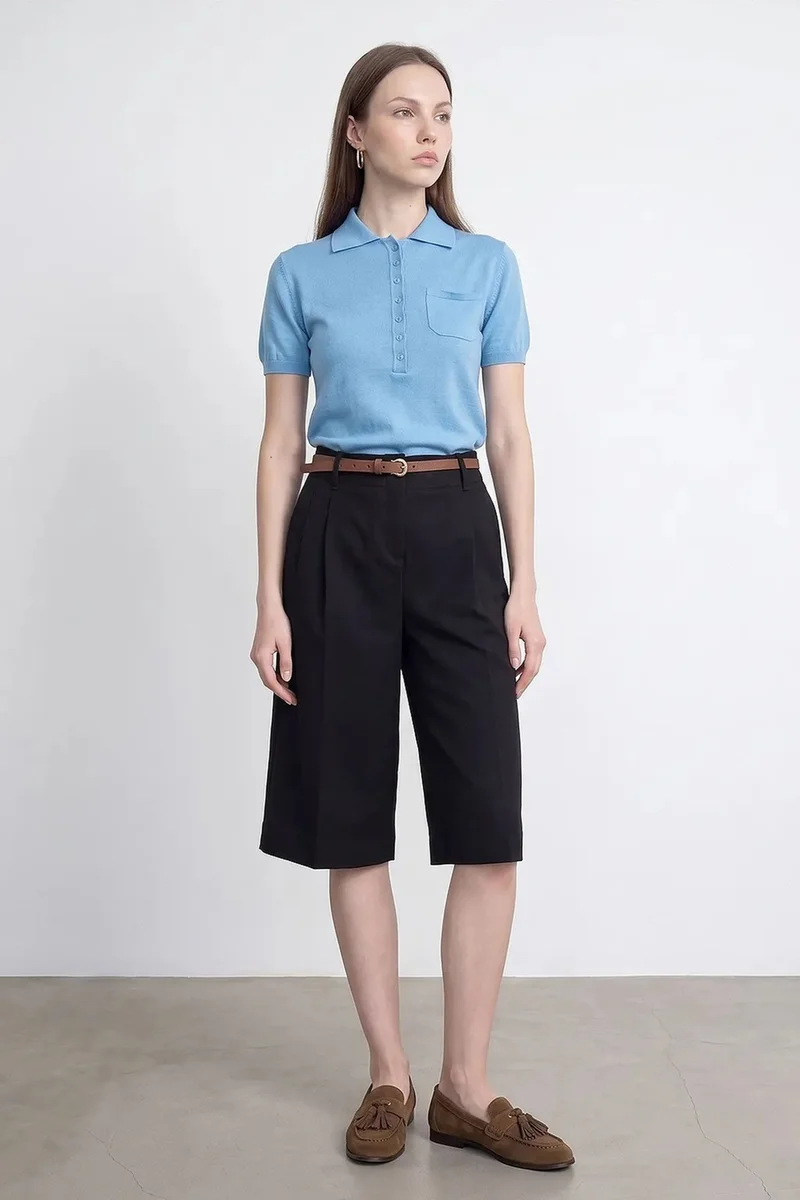 Dilvin Black DILVIN High-waist Belted Wide-leg Tailored Shorts for Women | Best Price UAE
