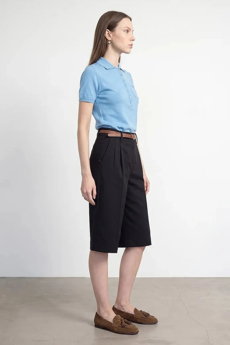 Dilvin Black DILVIN High-waist Belted Wide-leg Tailored Shorts for Women | Best Price UAE