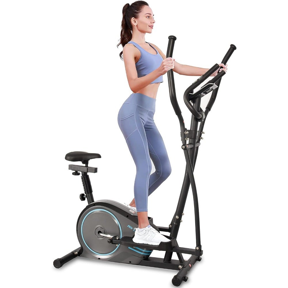 2-in-1 Elliptical Exercise Bike for Full-Body Home Cardio Workouts Magnetic Cross Trainer With 8-Level Resistance For Home Use Steel Frame Black Quiet Operation 100 kg Capacity FitShow App Digital Display