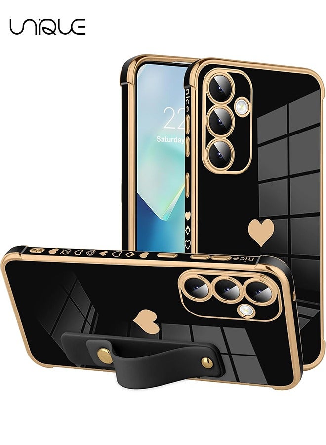 يونيك متوافق مع حافظة Samsung Galaxy A35 - مسند حزام معصم قابل للتعديل - قلب لطيف مطلي بالذهب فاخر - غطاء واقي للنساء والفتيات والرجال - أسود - Image 1