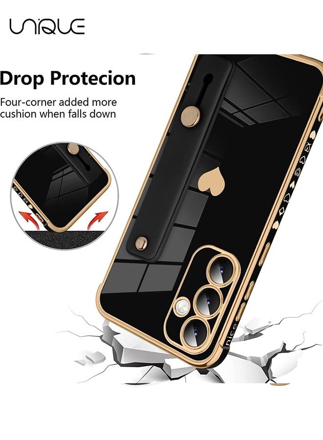 يونيك متوافق مع حافظة Samsung Galaxy A35 - مسند حزام معصم قابل للتعديل - قلب لطيف مطلي بالذهب فاخر - غطاء واقي للنساء والفتيات والرجال - أسود - Image 2